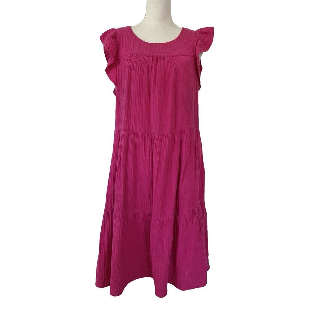 J Crew Tiered Mini Flutter Sleeve Gauze Dress Size 10 Mageneta Pink Resort Vacay